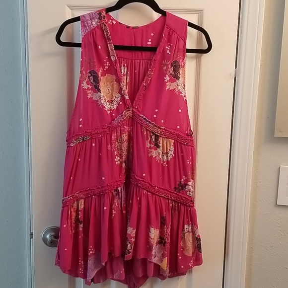 Free people pink floral ruffle tunic small - Picture 4 of 6